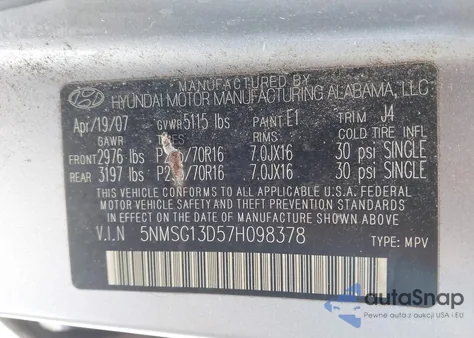 2007 Hyundai Santa Fe Gls z USA, uszkodzony, nr VIN 5NMSG13D57H098378